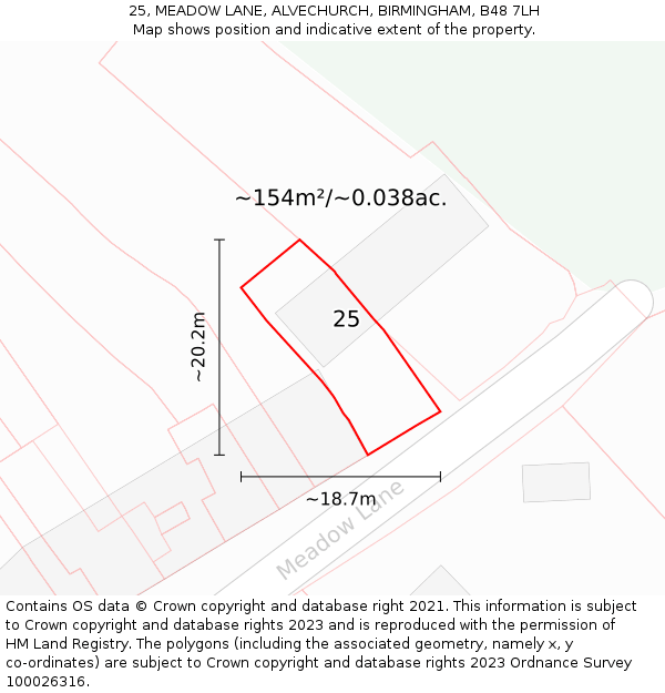 25, MEADOW LANE, ALVECHURCH, BIRMINGHAM, B48 7LH: Plot and title map