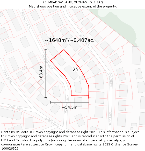 25, MEADOW LANE, OLDHAM, OL8 3AQ: Plot and title map