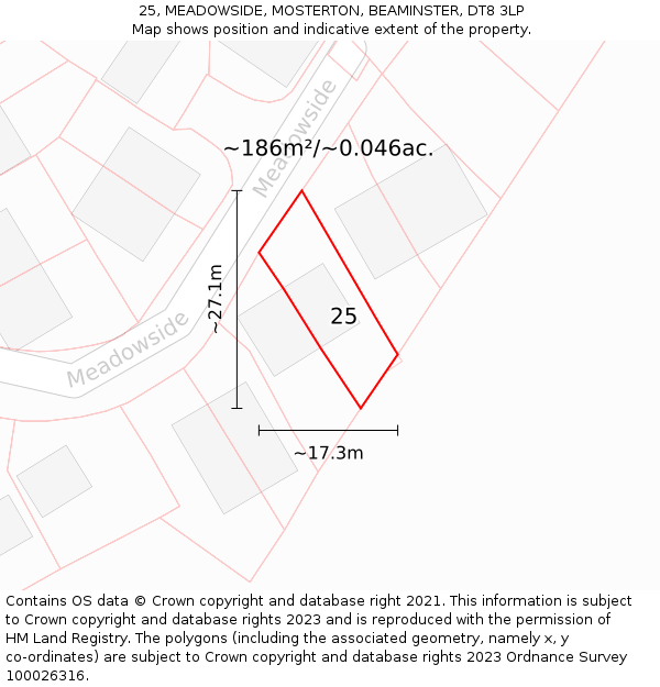 25, MEADOWSIDE, MOSTERTON, BEAMINSTER, DT8 3LP: Plot and title map