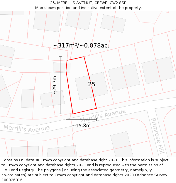 25, MERRILLS AVENUE, CREWE, CW2 8SP: Plot and title map