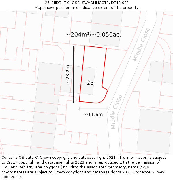 25, MIDDLE CLOSE, SWADLINCOTE, DE11 0EF: Plot and title map