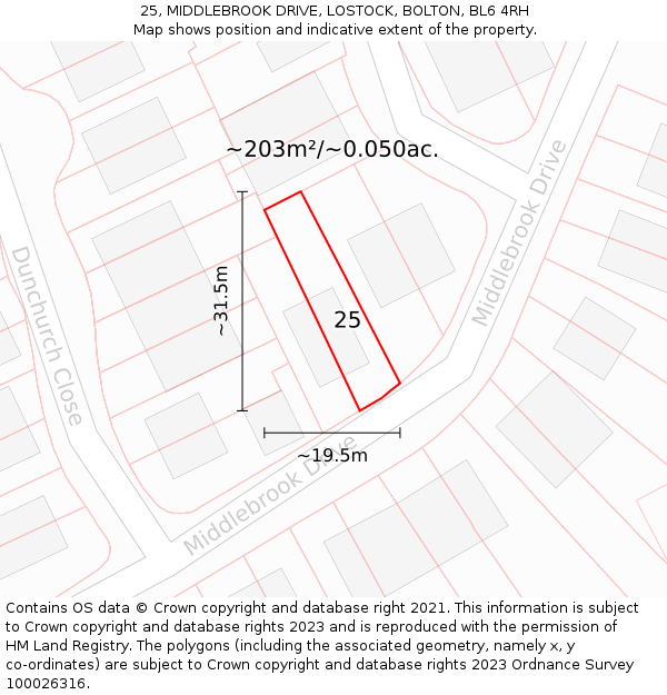 25, MIDDLEBROOK DRIVE, LOSTOCK, BOLTON, BL6 4RH: Plot and title map