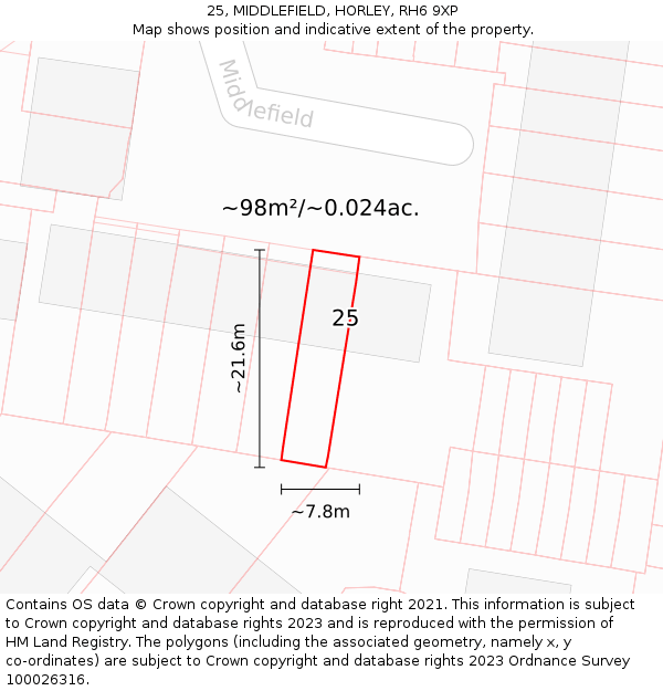 25, MIDDLEFIELD, HORLEY, RH6 9XP: Plot and title map