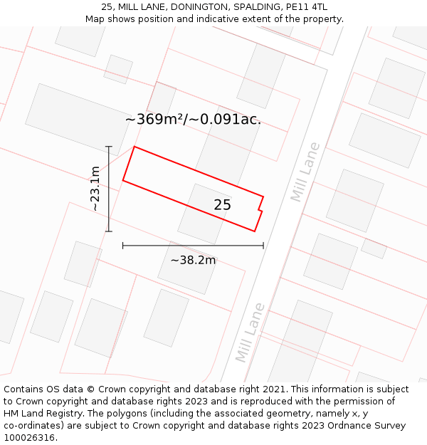 25, MILL LANE, DONINGTON, SPALDING, PE11 4TL: Plot and title map