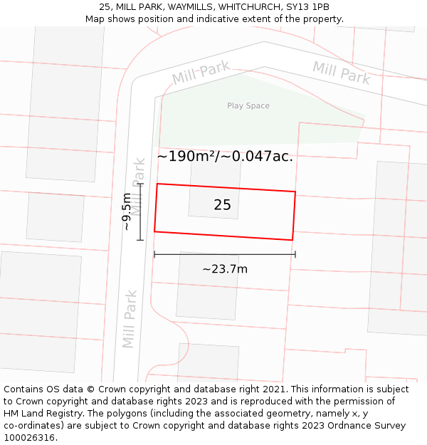 25, MILL PARK, WAYMILLS, WHITCHURCH, SY13 1PB: Plot and title map