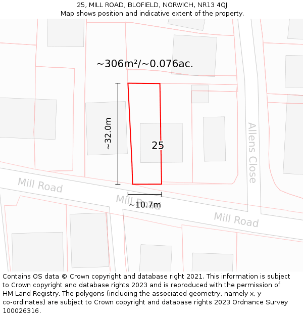 25, MILL ROAD, BLOFIELD, NORWICH, NR13 4QJ: Plot and title map