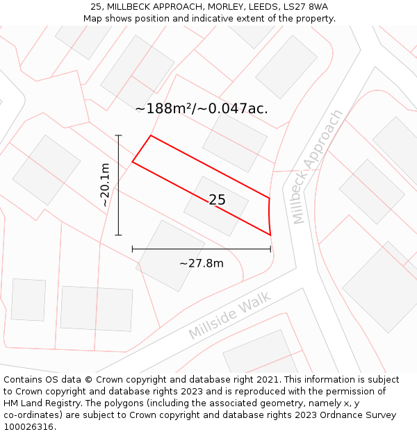 25, MILLBECK APPROACH, MORLEY, LEEDS, LS27 8WA: Plot and title map