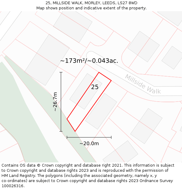 25, MILLSIDE WALK, MORLEY, LEEDS, LS27 8WD: Plot and title map