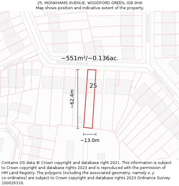 25, MONKHAMS AVENUE, WOODFORD GREEN, IG8 0HA: Plot and title map