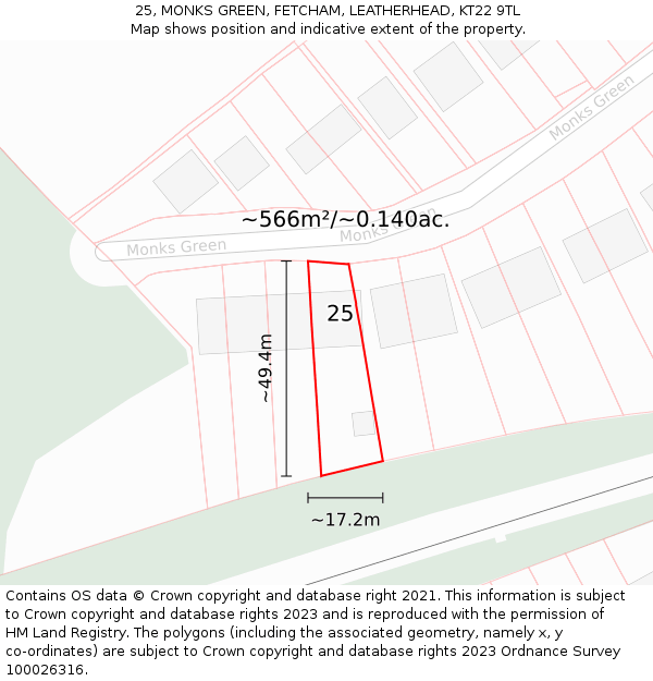 25, MONKS GREEN, FETCHAM, LEATHERHEAD, KT22 9TL: Plot and title map