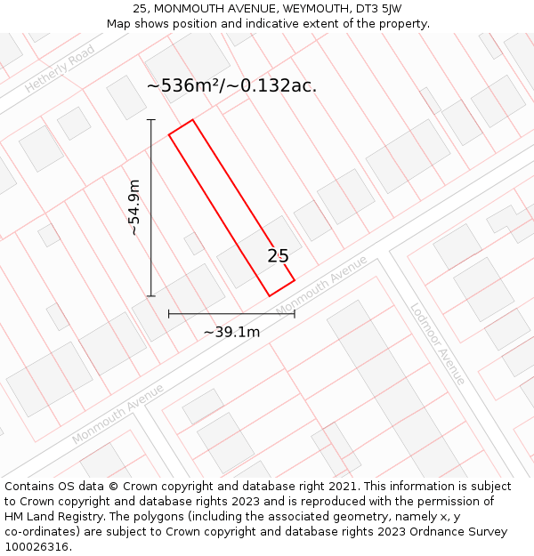 25, MONMOUTH AVENUE, WEYMOUTH, DT3 5JW: Plot and title map