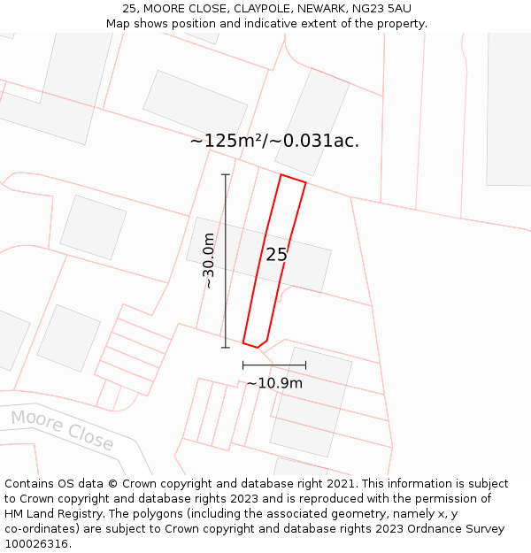 25, MOORE CLOSE, CLAYPOLE, NEWARK, NG23 5AU: Plot and title map