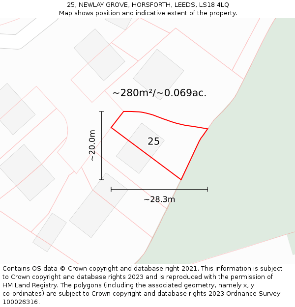 25, NEWLAY GROVE, HORSFORTH, LEEDS, LS18 4LQ: Plot and title map