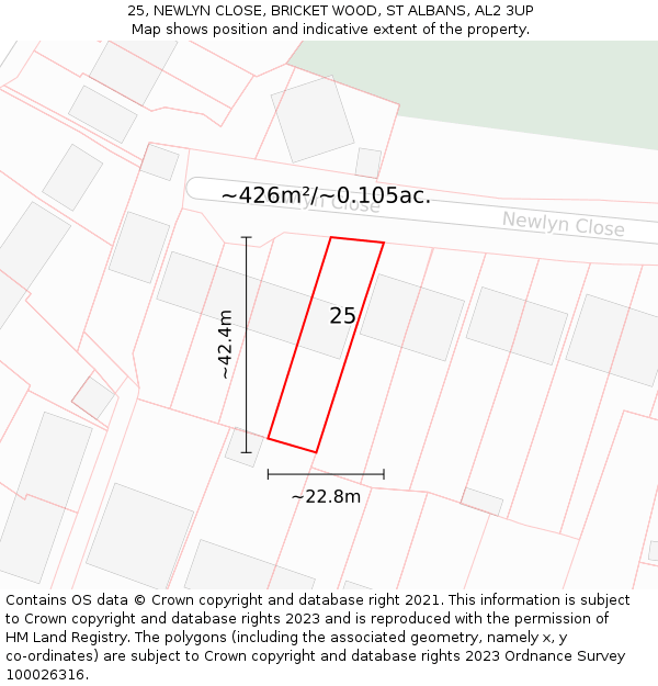 25, NEWLYN CLOSE, BRICKET WOOD, ST ALBANS, AL2 3UP: Plot and title map