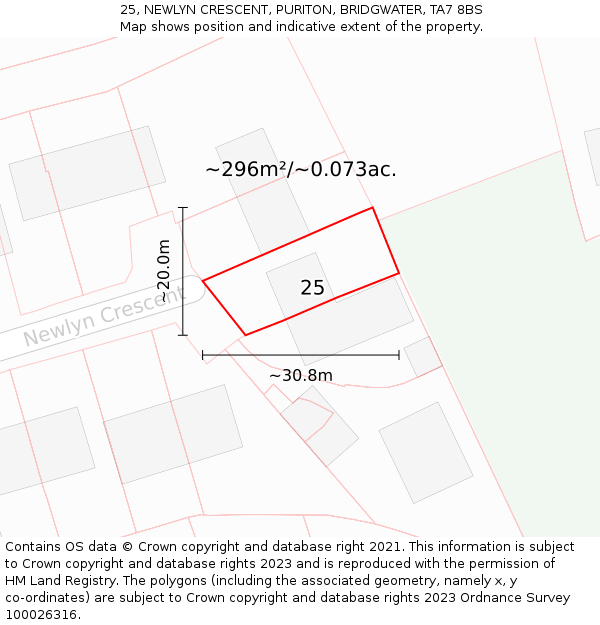 25, NEWLYN CRESCENT, PURITON, BRIDGWATER, TA7 8BS: Plot and title map