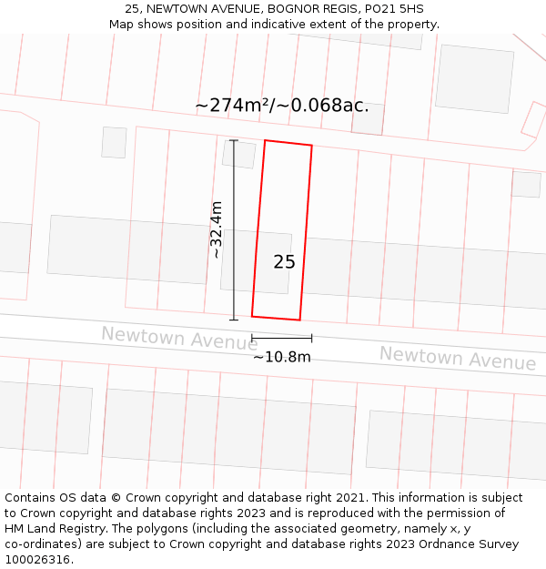 25, NEWTOWN AVENUE, BOGNOR REGIS, PO21 5HS: Plot and title map