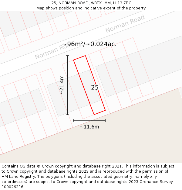 25, NORMAN ROAD, WREXHAM, LL13 7BG: Plot and title map