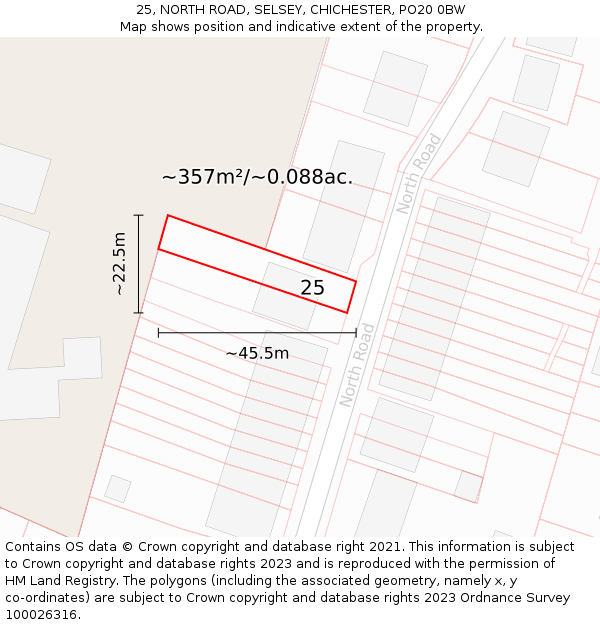 25, NORTH ROAD, SELSEY, CHICHESTER, PO20 0BW: Plot and title map