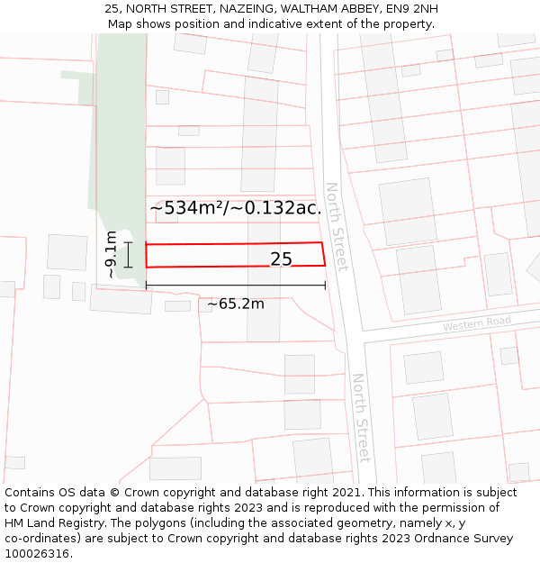 25, NORTH STREET, NAZEING, WALTHAM ABBEY, EN9 2NH: Plot and title map