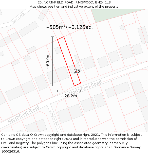 25, NORTHFIELD ROAD, RINGWOOD, BH24 1LS: Plot and title map