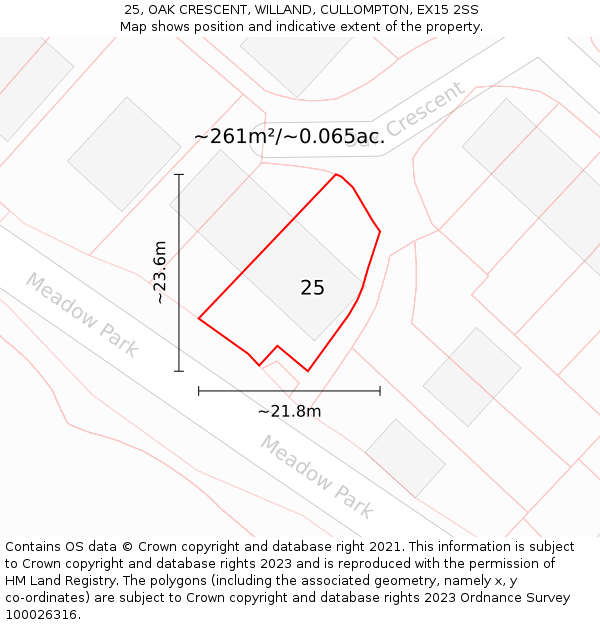 25, OAK CRESCENT, WILLAND, CULLOMPTON, EX15 2SS: Plot and title map