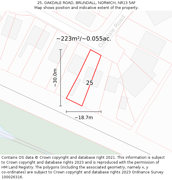 25, OAKDALE ROAD, BRUNDALL, NORWICH, NR13 5AF: Plot and title map