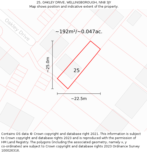 25, OAKLEY DRIVE, WELLINGBOROUGH, NN8 3JY: Plot and title map