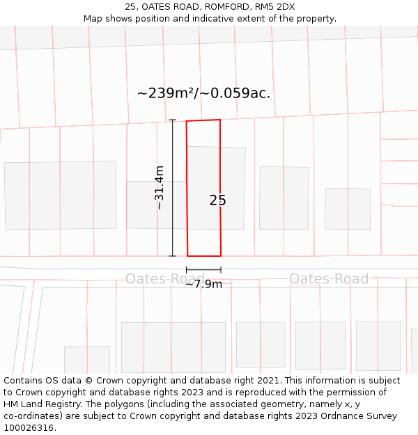 25, OATES ROAD, ROMFORD, RM5 2DX: Plot and title map