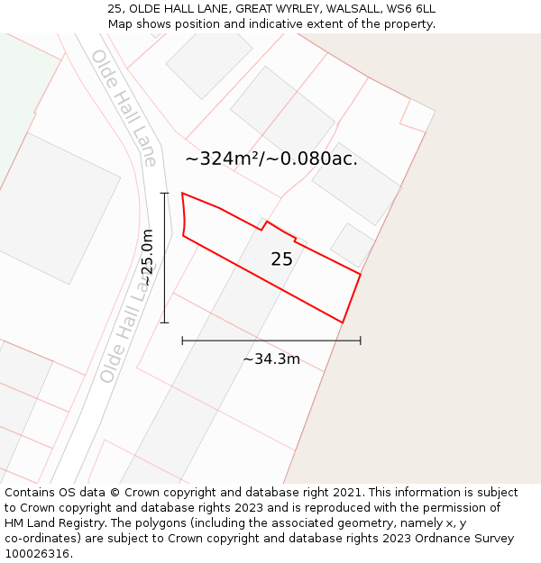 25, OLDE HALL LANE, GREAT WYRLEY, WALSALL, WS6 6LL: Plot and title map