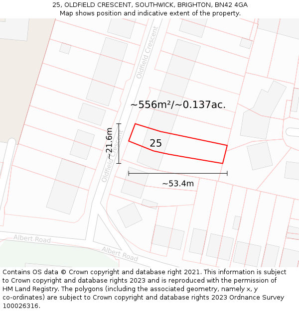 25, OLDFIELD CRESCENT, SOUTHWICK, BRIGHTON, BN42 4GA: Plot and title map