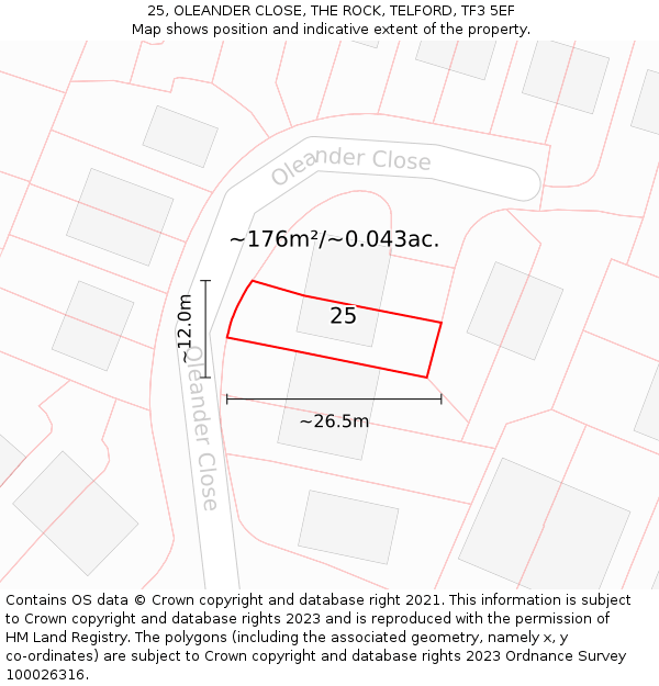 25, OLEANDER CLOSE, THE ROCK, TELFORD, TF3 5EF: Plot and title map