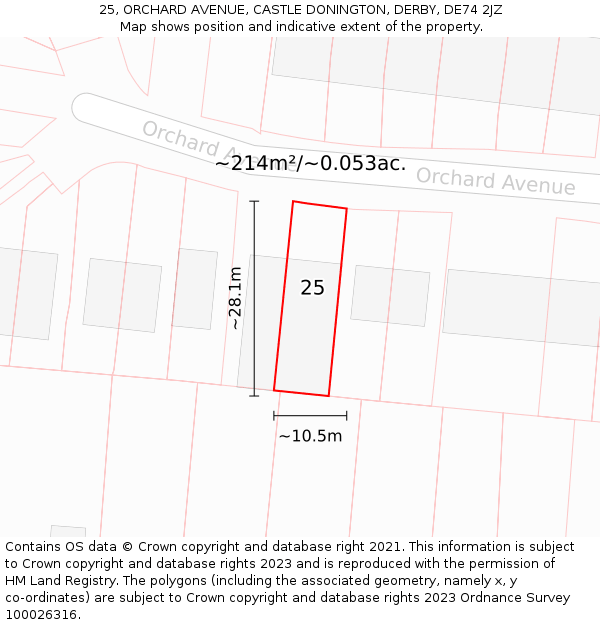 25, ORCHARD AVENUE, CASTLE DONINGTON, DERBY, DE74 2JZ: Plot and title map