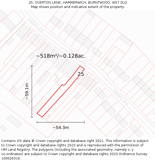 25, OVERTON LANE, HAMMERWICH, BURNTWOOD, WS7 0LQ: Plot and title map