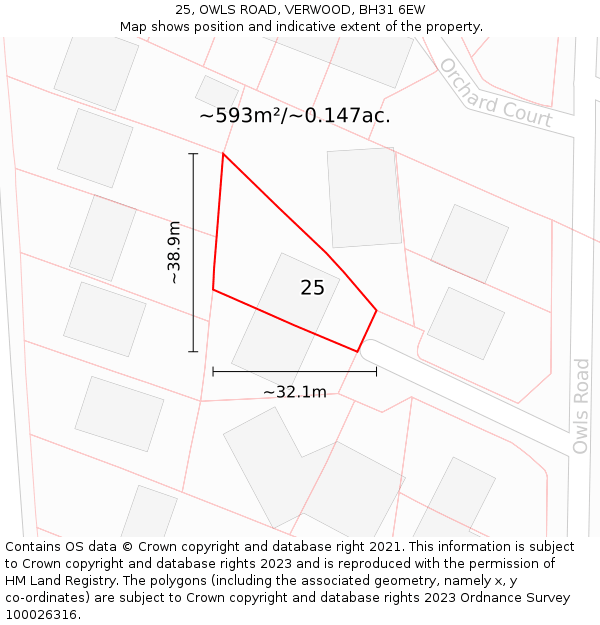 25, OWLS ROAD, VERWOOD, BH31 6EW: Plot and title map