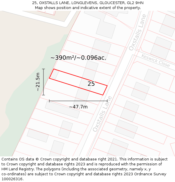 25, OXSTALLS LANE, LONGLEVENS, GLOUCESTER, GL2 9HN: Plot and title map