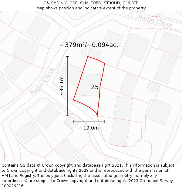 25, PADIN CLOSE, CHALFORD, STROUD, GL6 8FB: Plot and title map