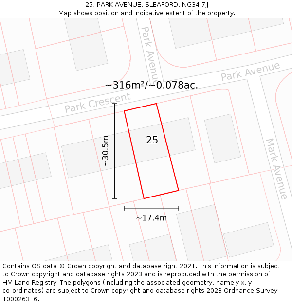 25, PARK AVENUE, SLEAFORD, NG34 7JJ: Plot and title map