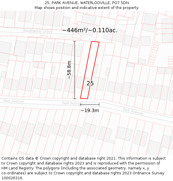 25, PARK AVENUE, WATERLOOVILLE, PO7 5DN: Plot and title map