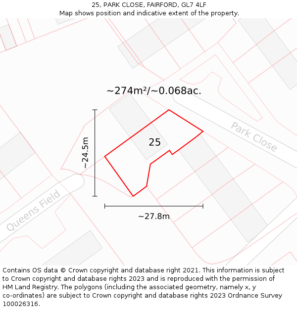 25, PARK CLOSE, FAIRFORD, GL7 4LF: Plot and title map