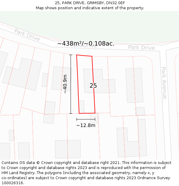 25, PARK DRIVE, GRIMSBY, DN32 0EF: Plot and title map