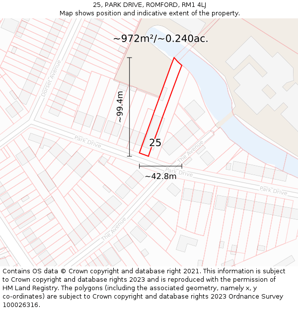 25, PARK DRIVE, ROMFORD, RM1 4LJ: Plot and title map