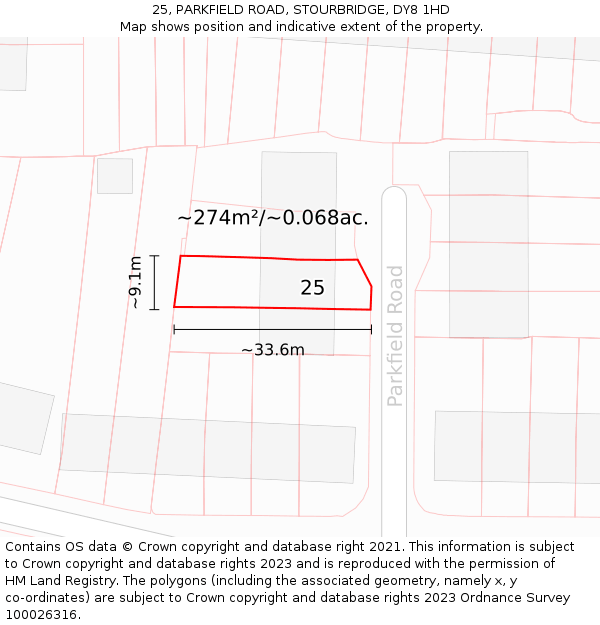 25, PARKFIELD ROAD, STOURBRIDGE, DY8 1HD: Plot and title map