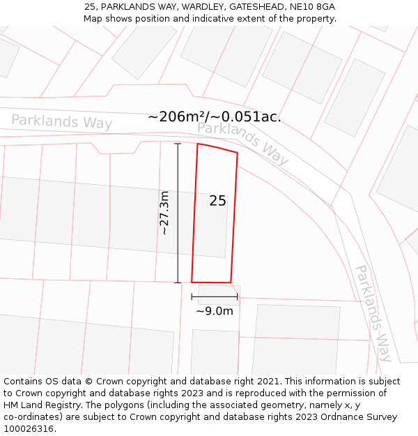 25, PARKLANDS WAY, WARDLEY, GATESHEAD, NE10 8GA: Plot and title map