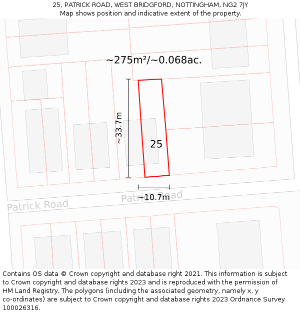 25, PATRICK ROAD, WEST BRIDGFORD, NOTTINGHAM, NG2 7JY: Plot and title map