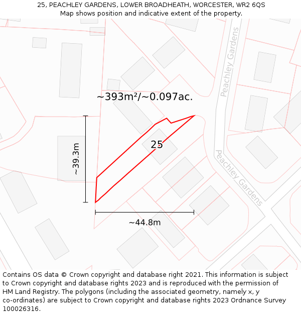 25, PEACHLEY GARDENS, LOWER BROADHEATH, WORCESTER, WR2 6QS: Plot and title map