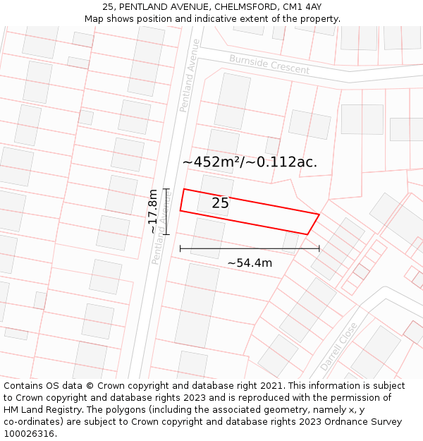 25, PENTLAND AVENUE, CHELMSFORD, CM1 4AY: Plot and title map