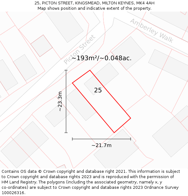 25, PICTON STREET, KINGSMEAD, MILTON KEYNES, MK4 4AH: Plot and title map