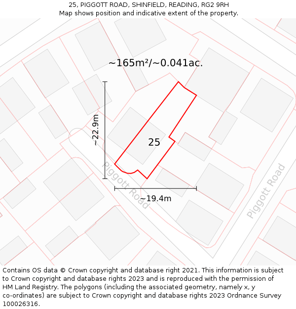 25, PIGGOTT ROAD, SHINFIELD, READING, RG2 9RH: Plot and title map