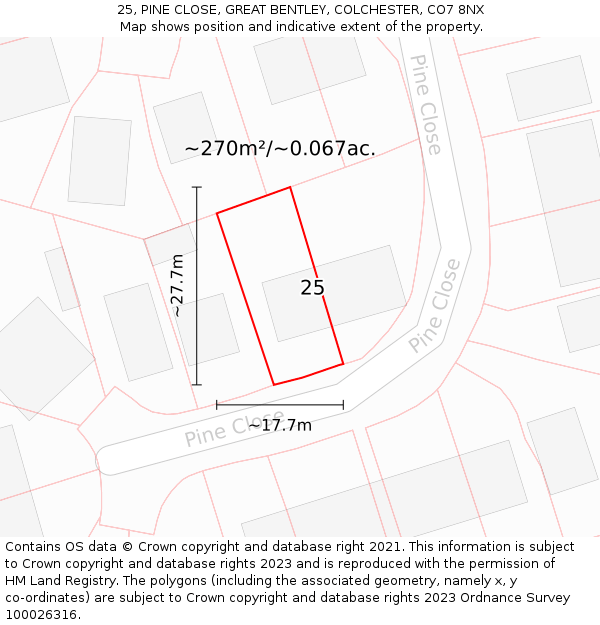 25, PINE CLOSE, GREAT BENTLEY, COLCHESTER, CO7 8NX: Plot and title map
