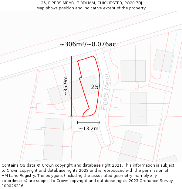 25, PIPERS MEAD, BIRDHAM, CHICHESTER, PO20 7BJ: Plot and title map